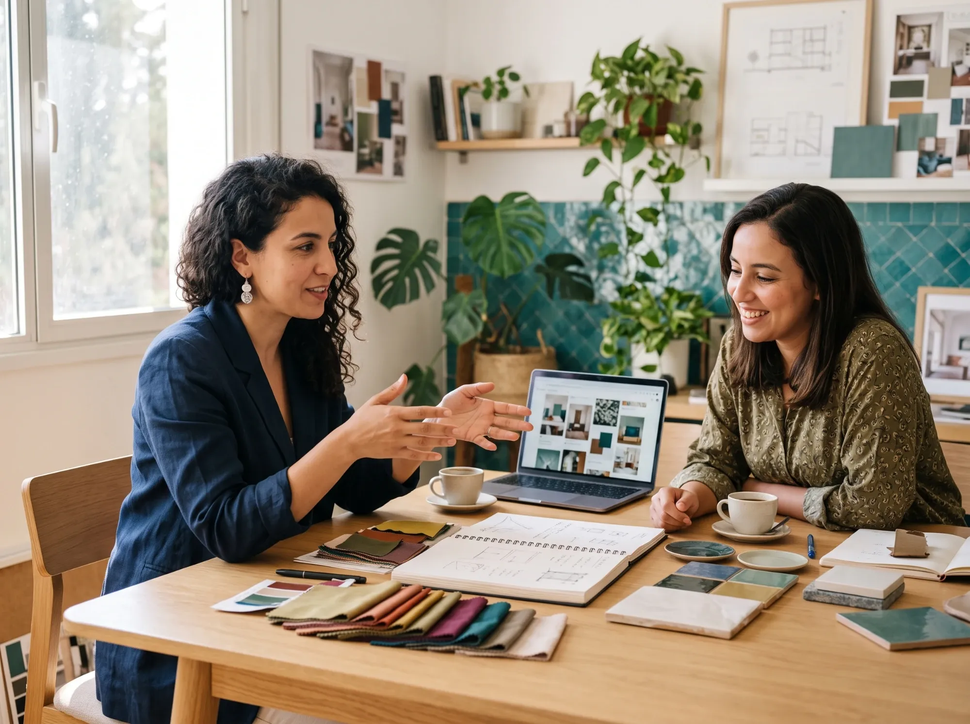 An interior designer shows fabric and tile samples to a client