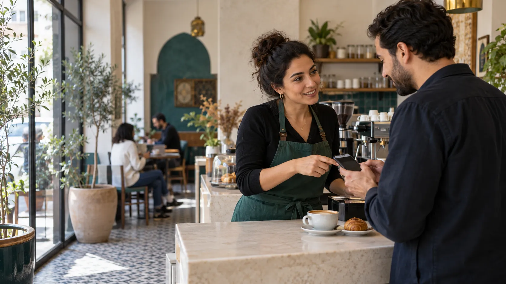 A café owner shows her phone to a customer at the counter