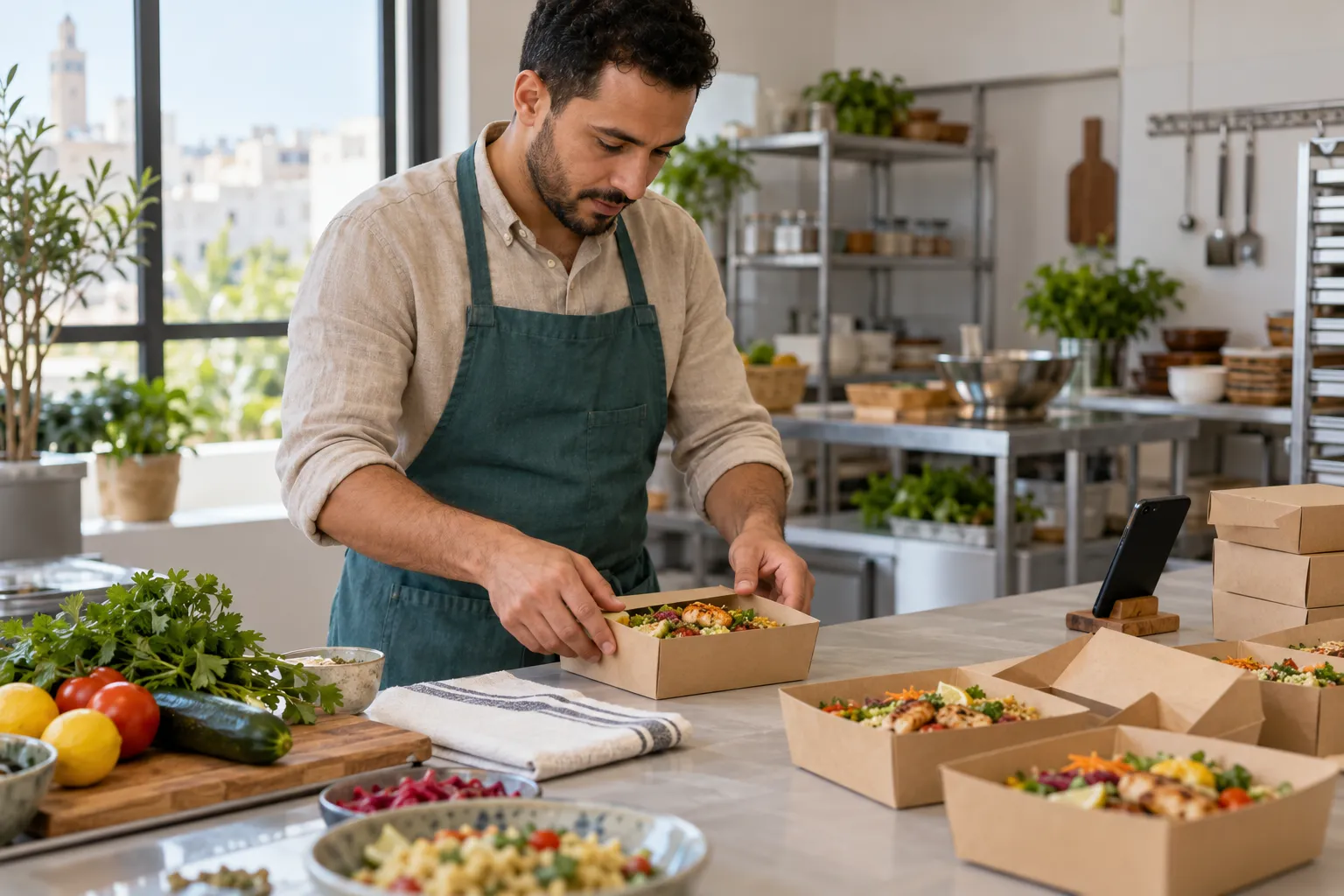 A merchant packing takeaway orders