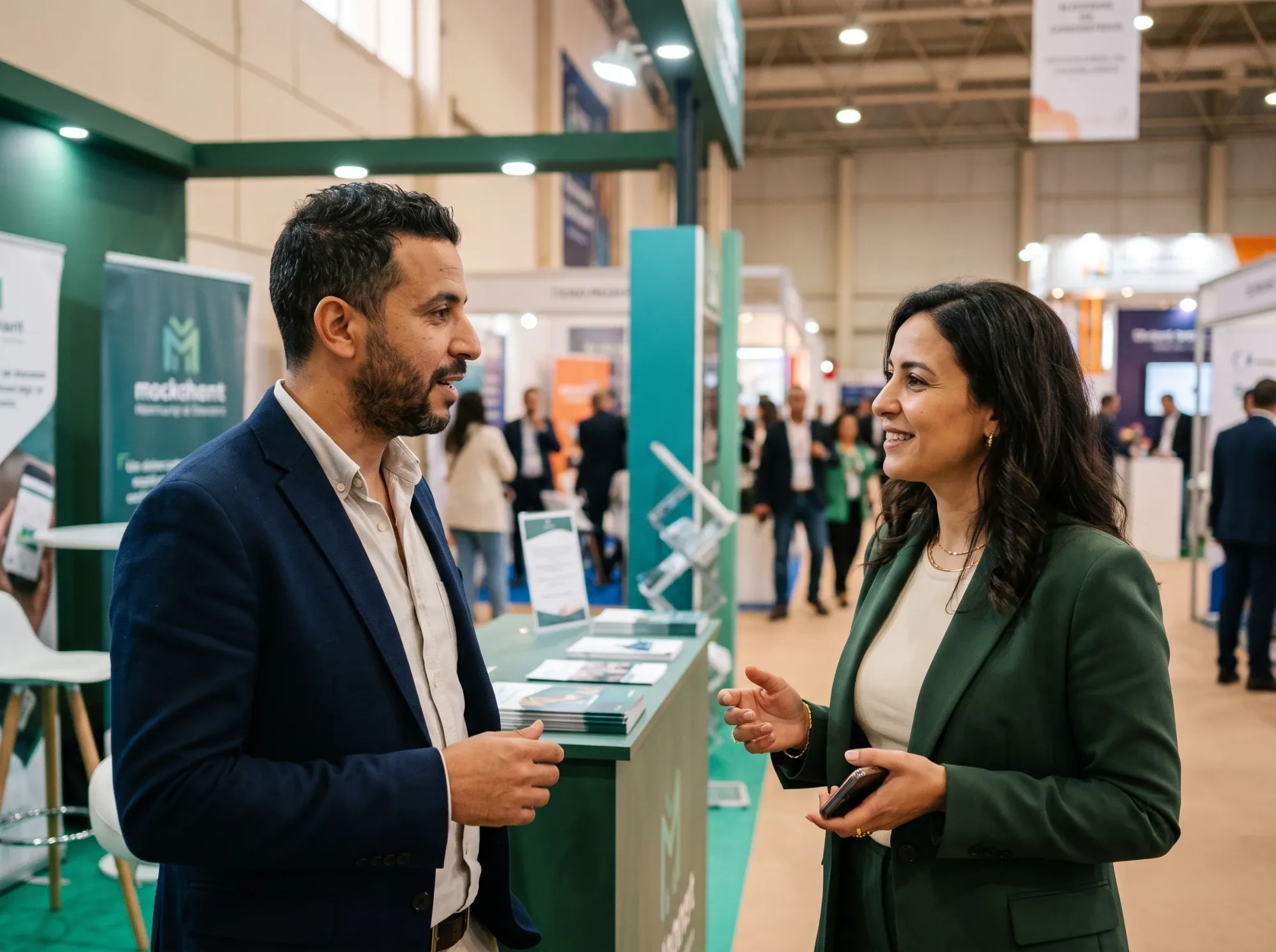 Two professionals talking at a trade fair stand