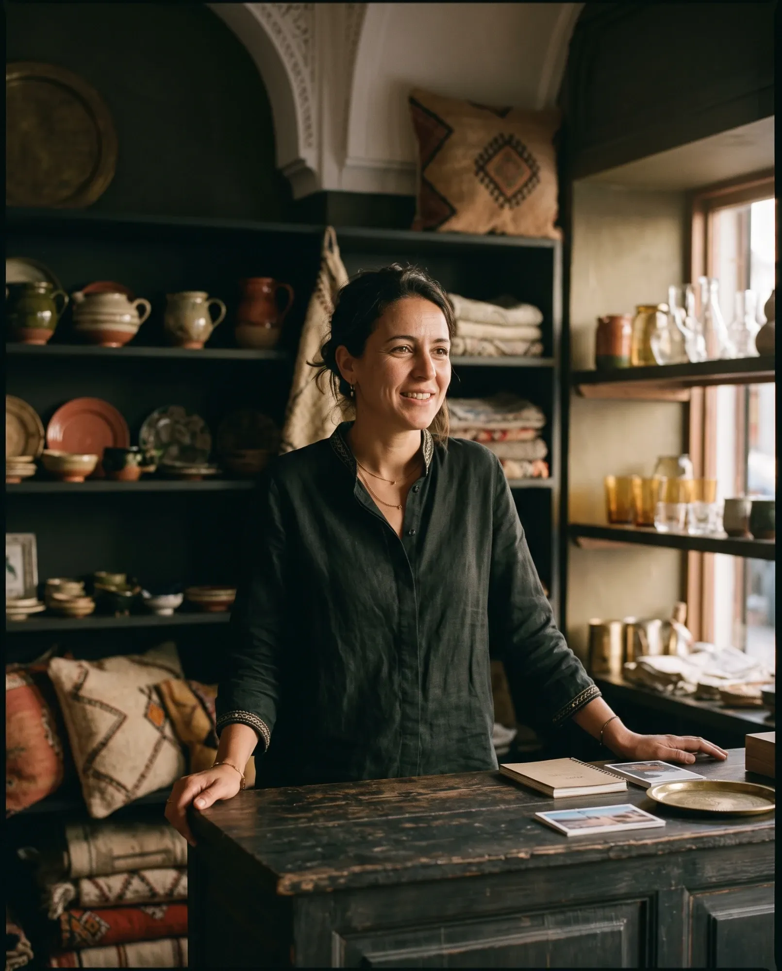 A shop owner smiling behind the counter of her ceramics and textiles store